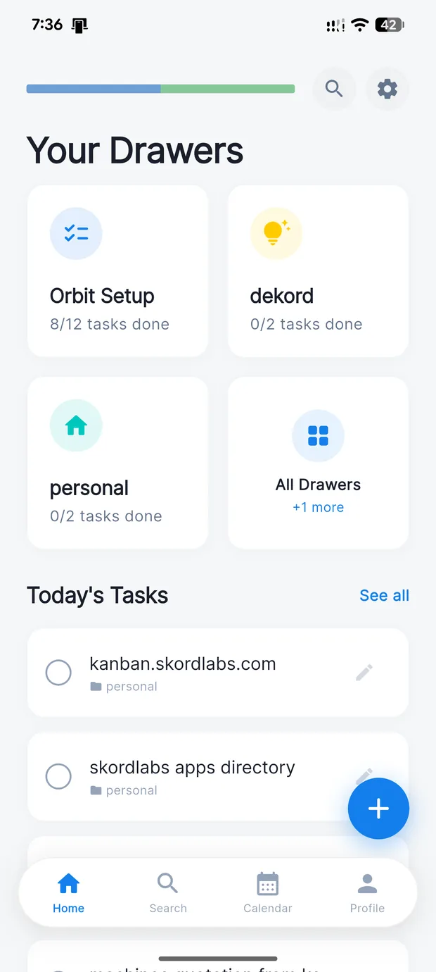 Orbit home screen: a progress bar, four drawer cards including Orbit Setup and personal, and a list of today’s tasks.