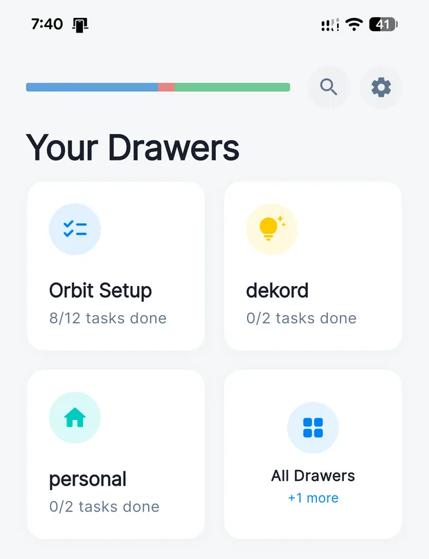 The top of the Orbit home screen: a progress bar above four drawer cards — Orbit Setup with 8 of 12 tasks done, dekord, personal, and All Drawers.