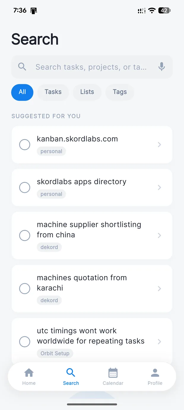 Orbit search screen querying across task titles, notes and tags.