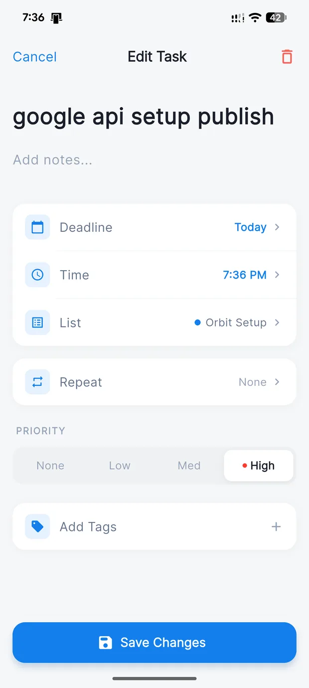 Editing a task in Orbit, showing deadline, time, drawer, repeat, priority and tags.